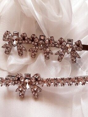 Rhinestone Ribbon Bow Silver Hair Clips - Sparkling Clear Crystals